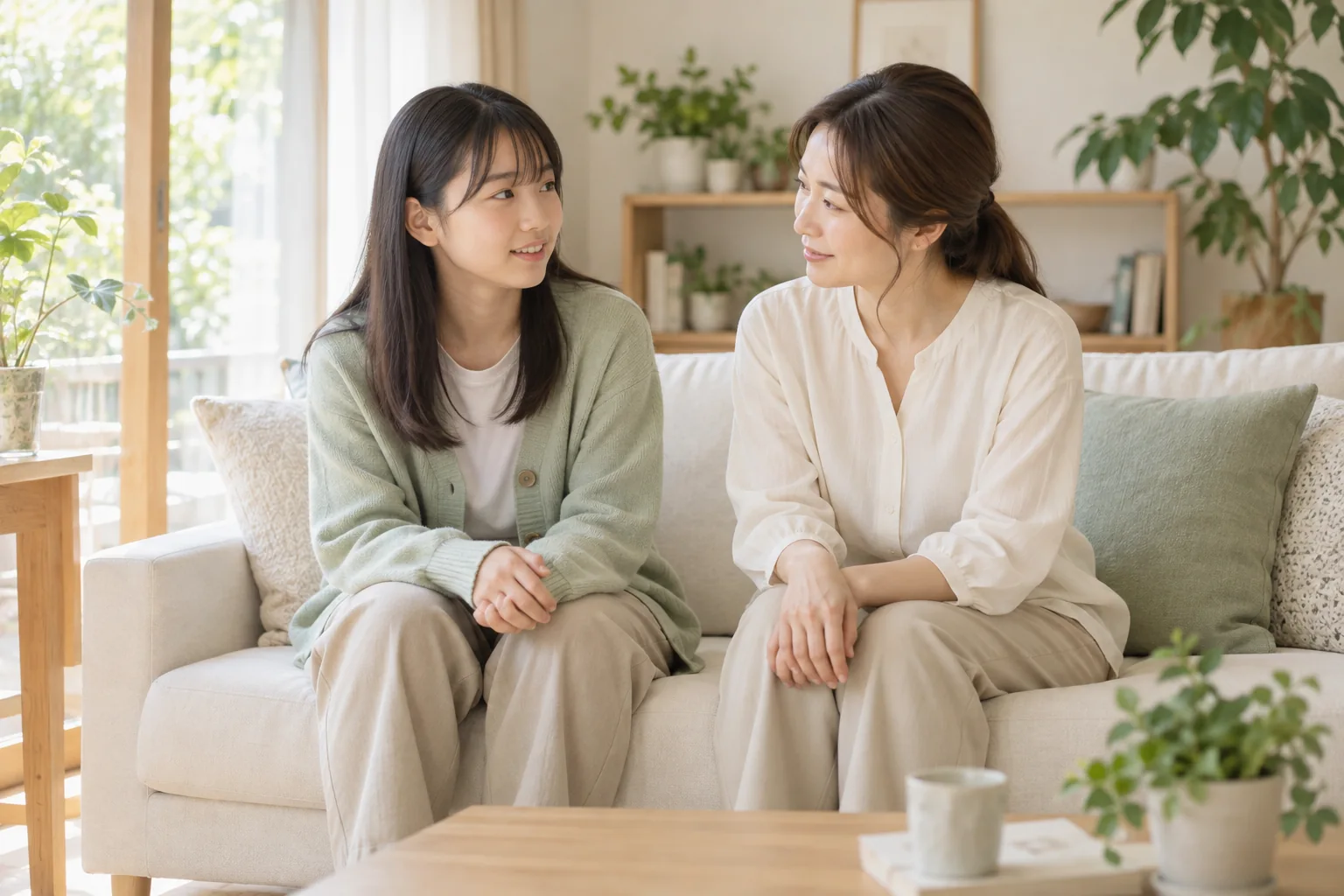 明るい室内で、子どもの話に穏やかに耳を傾ける保護者のイメージ