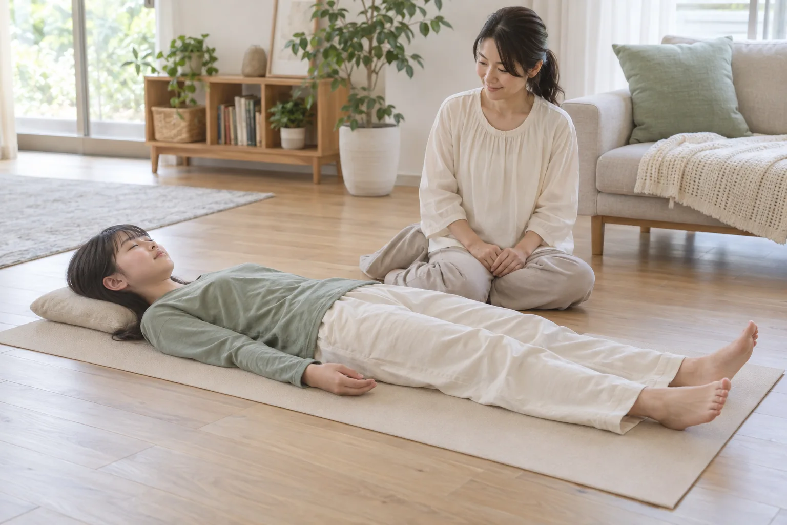 自宅で横になり、無理のない軽い運動をするイメージ